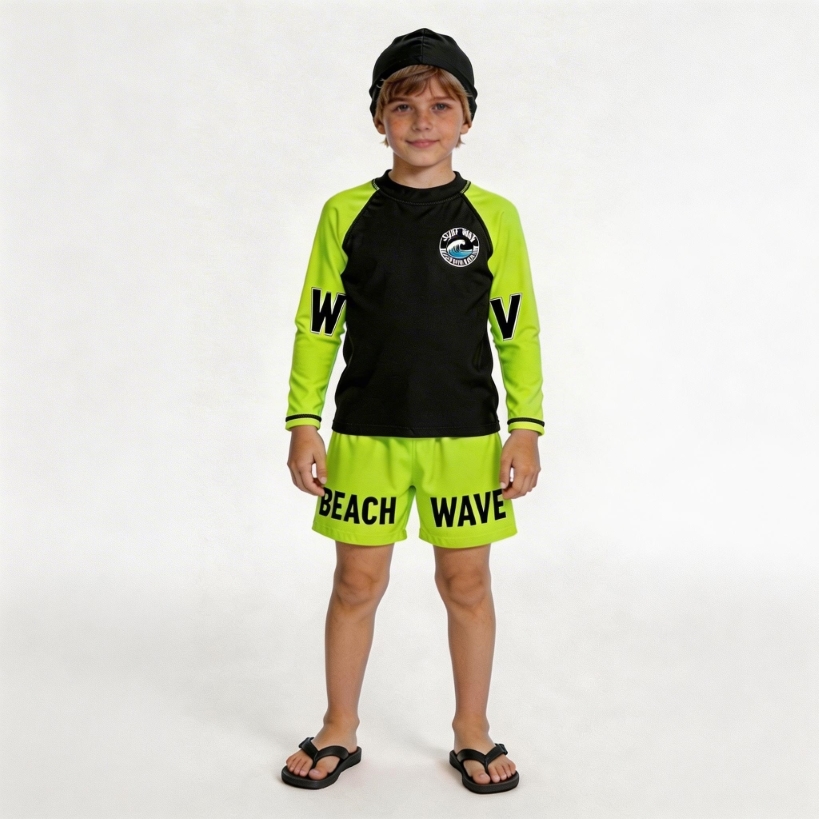 RTX Kids Neon Wave Long Sleeve Swim Set with Cap - Lime/Black